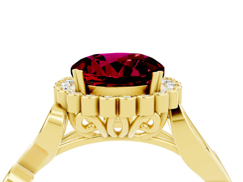 Yellow gold Round Cut Garnet Halo Ring with Vintage Split Shank and Four-Prong Setting_23