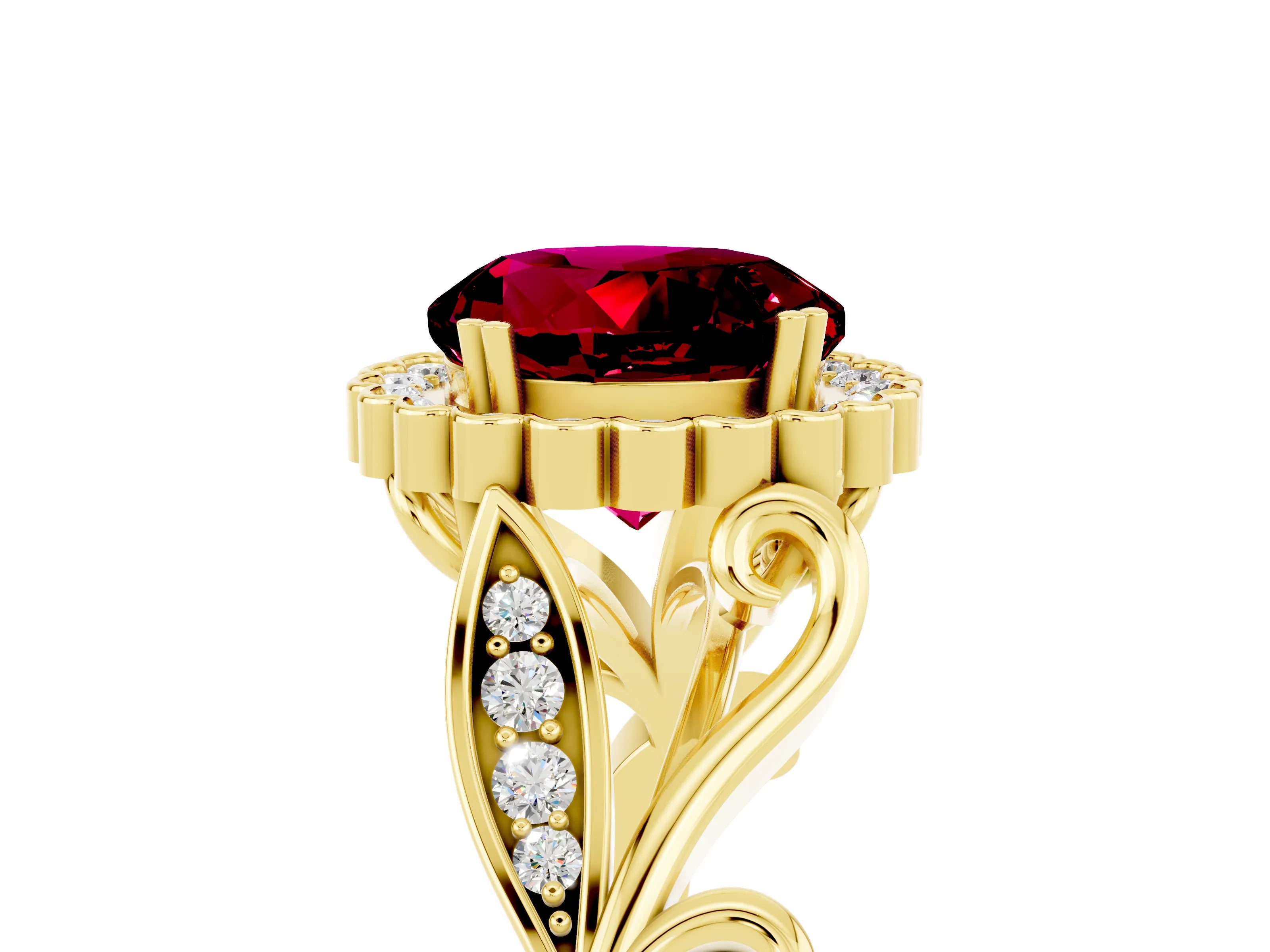 Yellow gold Round Cut Garnet Halo Ring with Vintage Split Shank and Four-Prong Setting_24