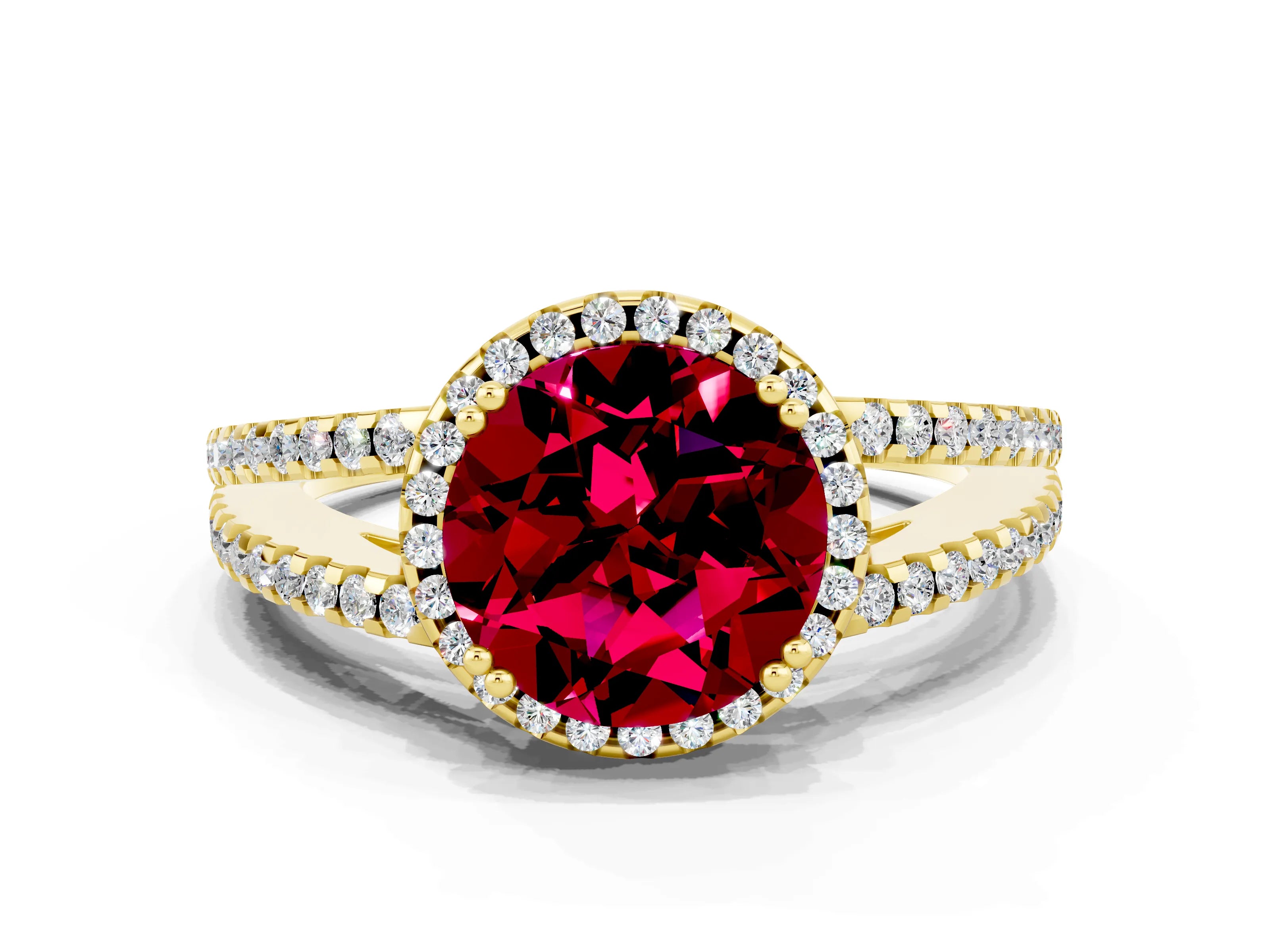Yellow gold Round Cut Garnet Halo Split Shank Engagement Ring_12