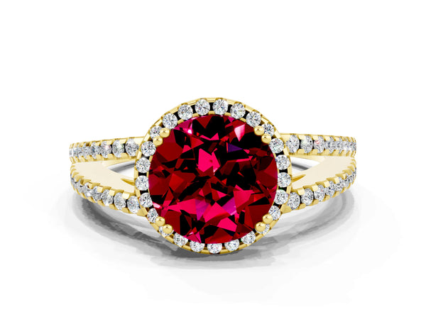 Yellow gold Round Cut Garnet Halo Split Shank Engagement Ring