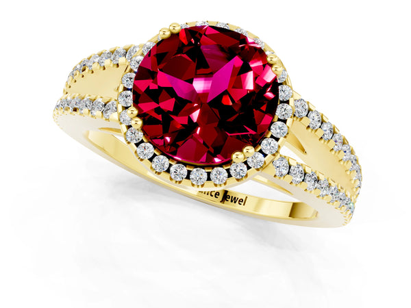 Yellow gold Round Cut Garnet Halo Split Shank Engagement Ring