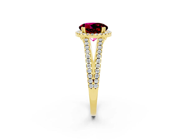 Yellow gold Round Cut Garnet Halo Split Shank Engagement Ring