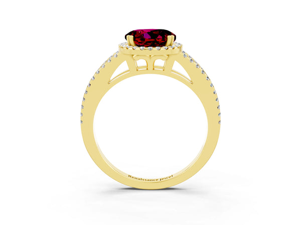 Yellow gold Round Cut Garnet Halo Split Shank Engagement Ring