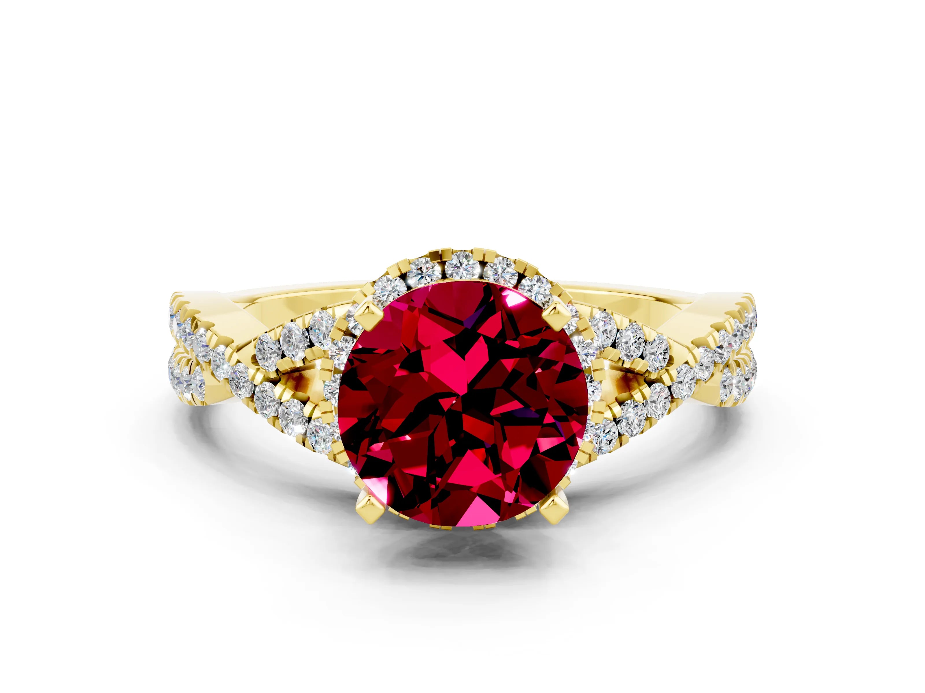 Yellow gold Round Cut Garnet Halo Twist Band Solitaire Prong Setting Ring