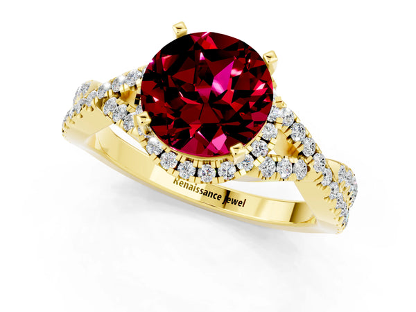 Yellow gold Round Cut Garnet  Halo Twist Band Solitaire Prong Setting Ring