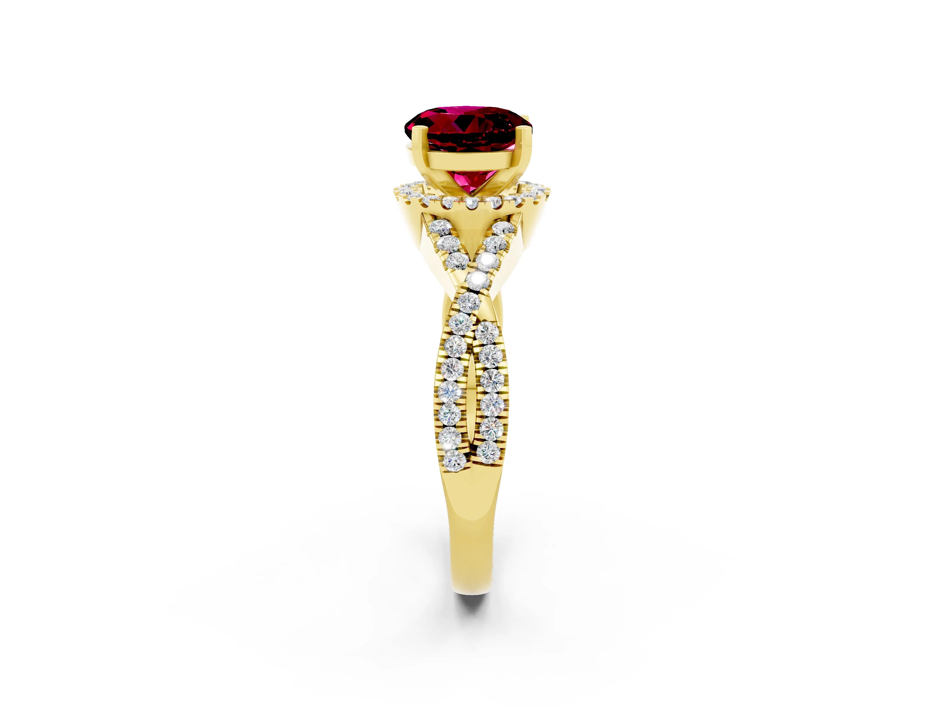 Yellow gold Round Cut Garnet Halo Twist Band Solitaire Prong Setting Ring_2