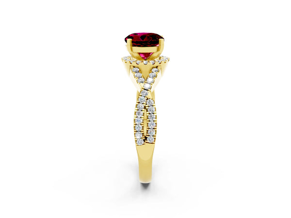 Yellow gold Round Cut Garnet  Halo Twist Band Solitaire Prong Setting Ring