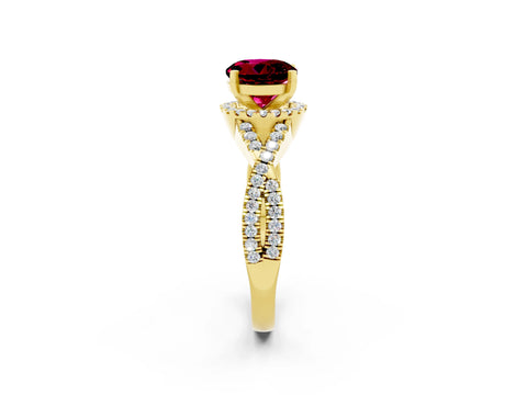 Yellow gold Round Cut Garnet Halo Twist Band Solitaire Prong Setting Ring_2