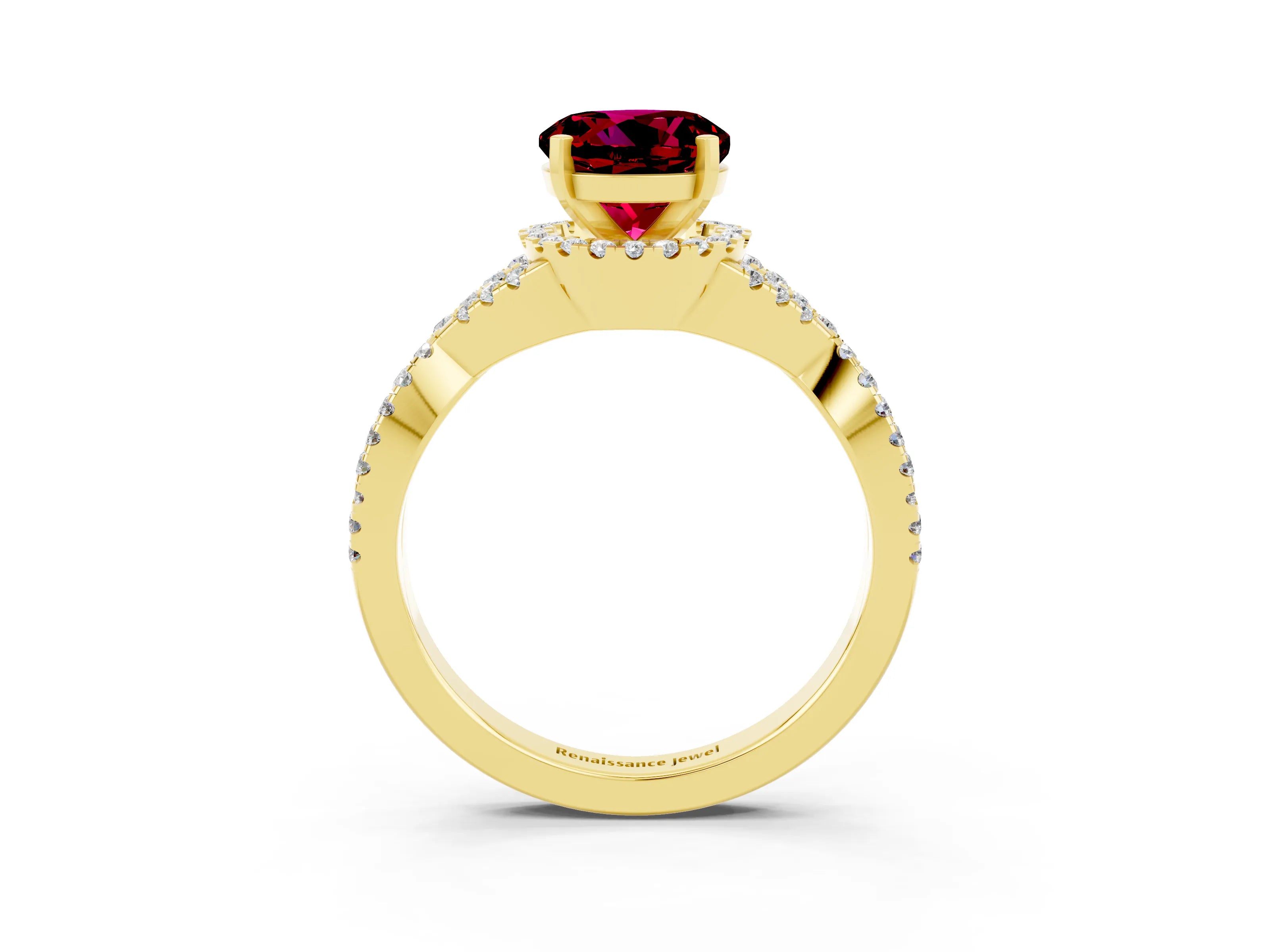 Yellow gold Round Cut Garnet Halo Twist Band Solitaire Prong Setting Ring_3