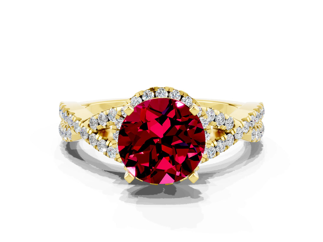 Yellow gold Round Cut Garnet  Halo Twist Band Solitaire Prong Setting Ring_36
