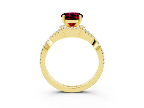 Yellow gold Round Cut Garnet Halo Twist Band Solitaire Prong Setting Ring_3