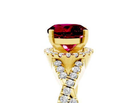 Yellow gold Round Cut Garnet Halo Twist Band Solitaire Prong Setting Ring_5