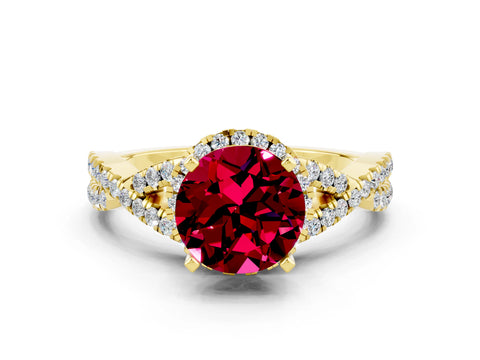 Yellow gold Round Cut Garnet Halo Twist Band Solitaire Prong Setting Ring
