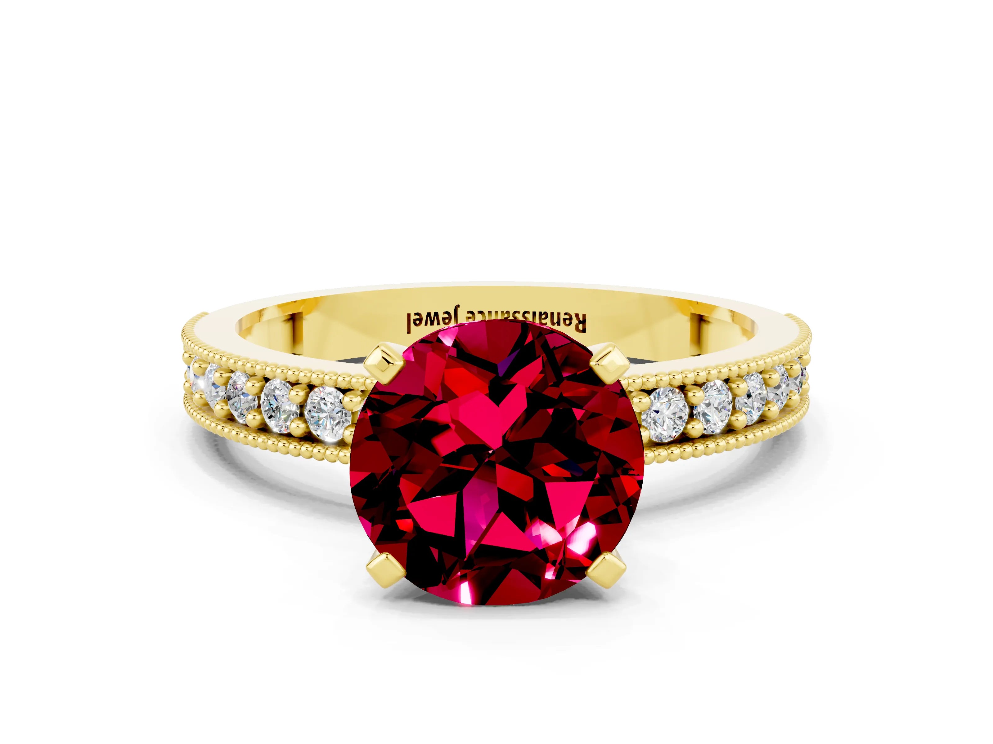 Yellow gold Round Cut Garnet Milgrain Pavé Engagement Ring with Four-Prong Setting