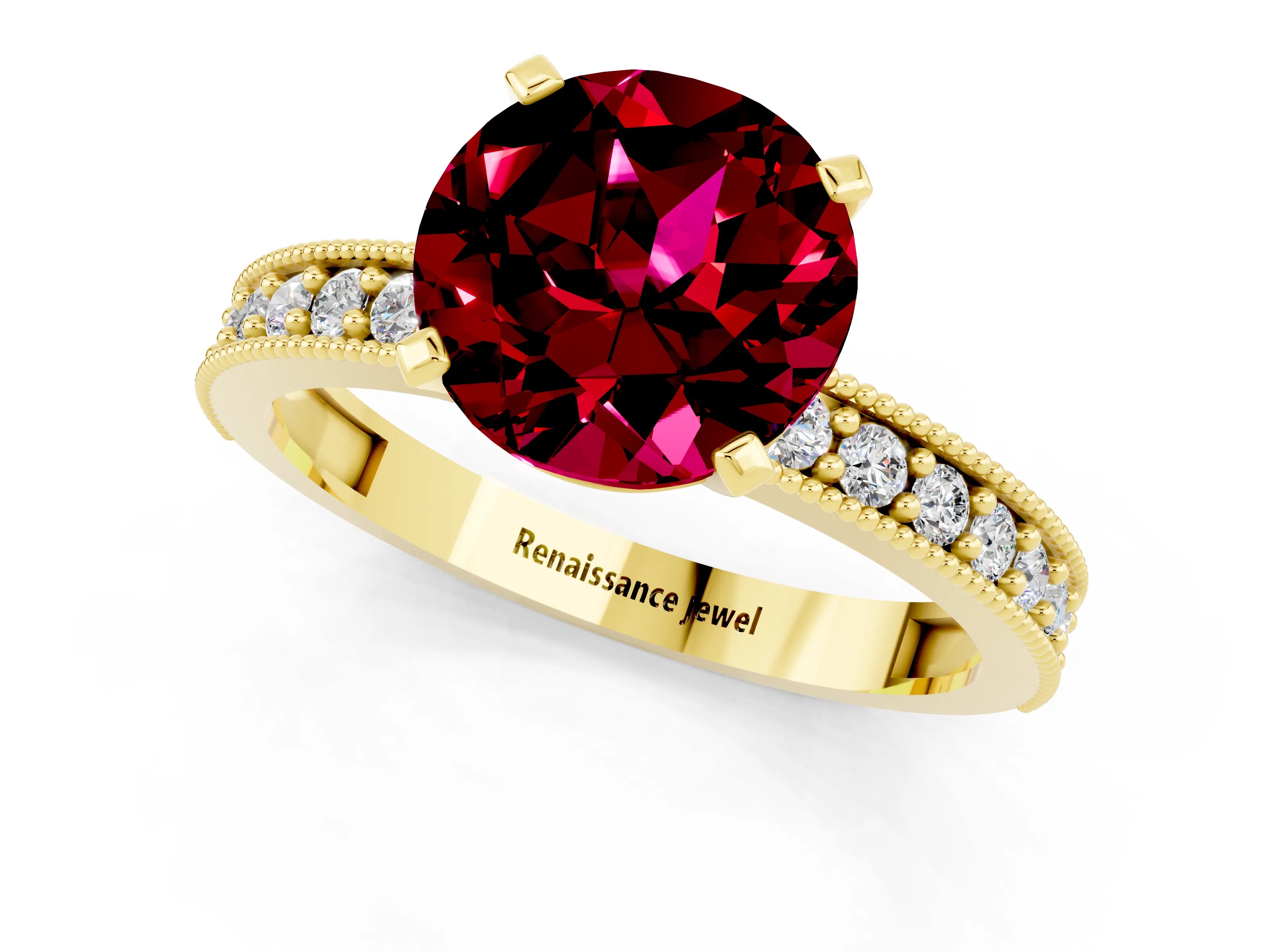 Yellow gold Round Cut Garnet Milgrain Pavé Engagement Ring with Four-Prong Setting_1