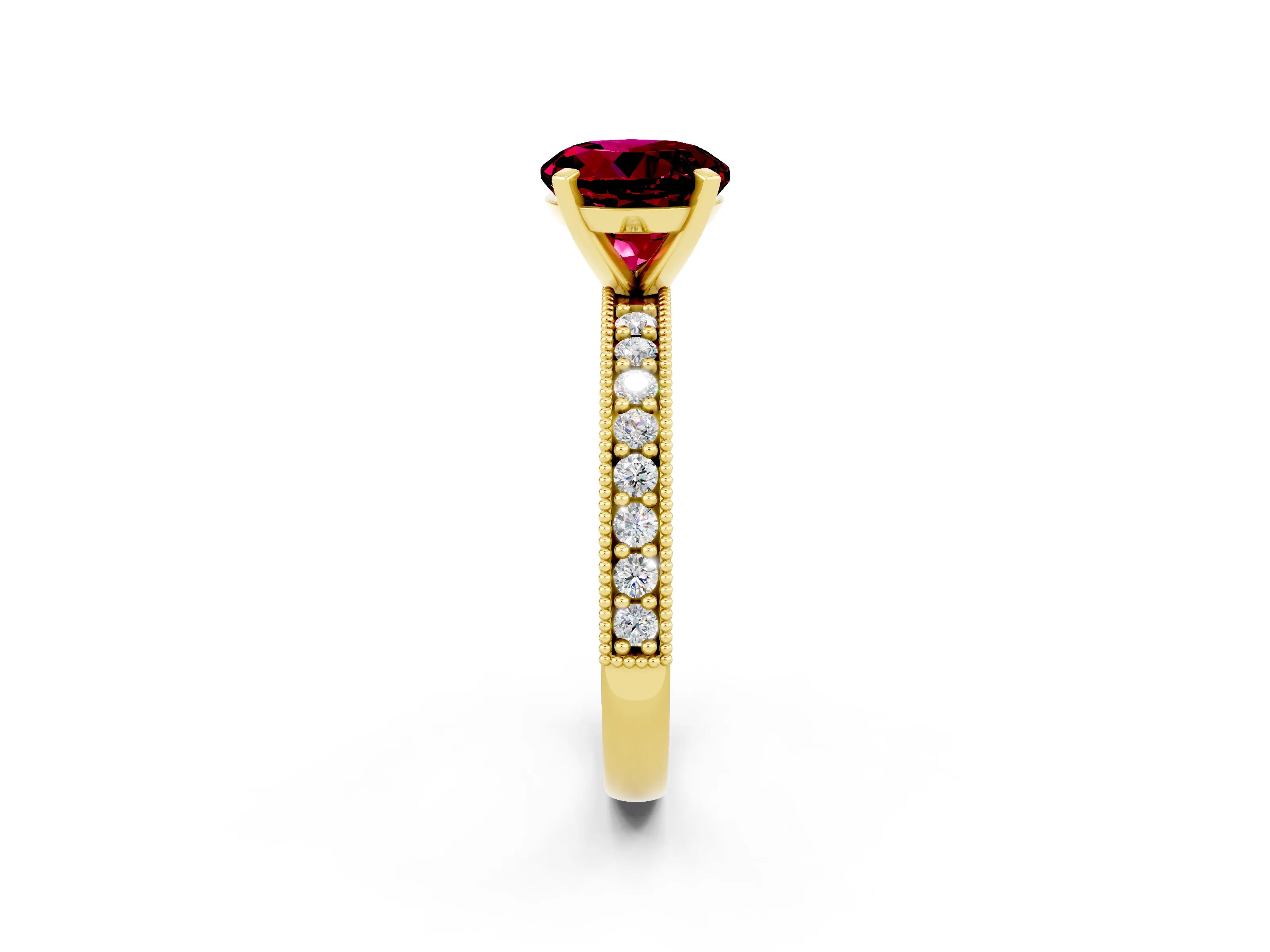 Yellow gold Round Cut Garnet Milgrain Pavé Engagement Ring with Four-Prong Setting_2
