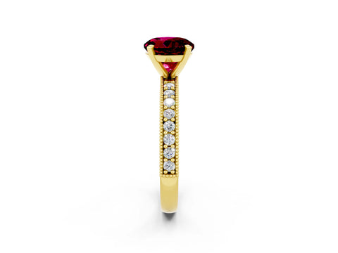 Yellow gold Round Cut Garnet Milgrain Pavé Engagement Ring with Four-Prong Setting_2