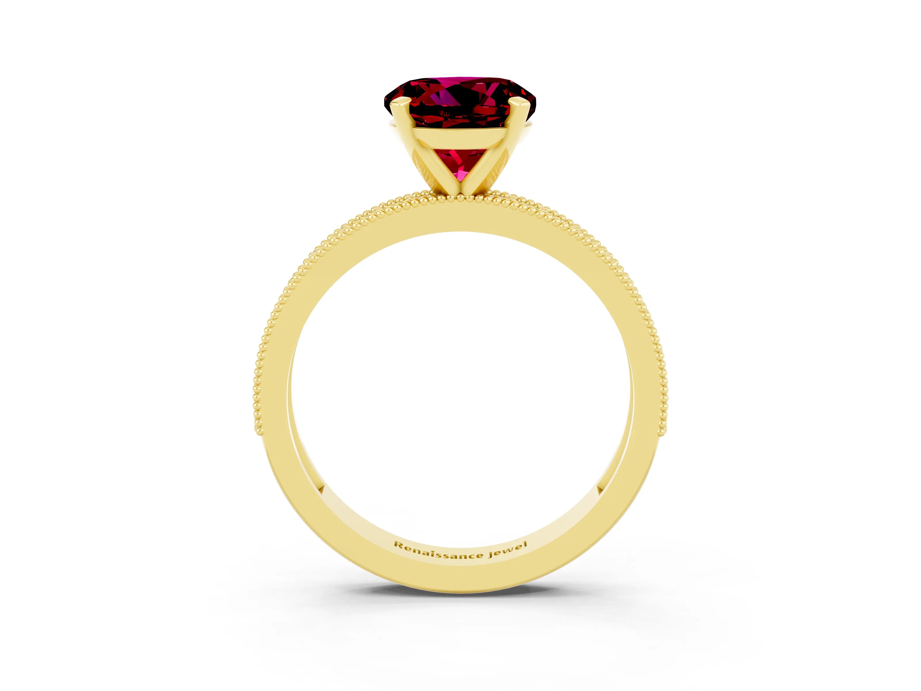 Yellow gold Round Cut Garnet Milgrain Pavé Engagement Ring with Four-Prong Setting_3