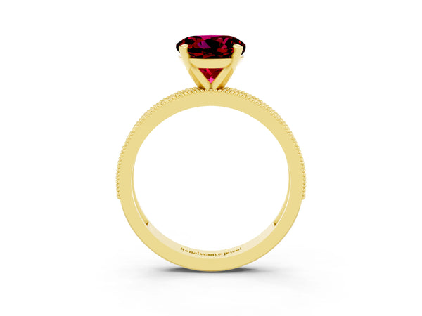 Yellow gold Round Cut Garnet Milgrain Pavé Engagement Ring with Four-Prong Setting