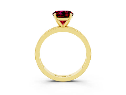 Yellow gold Round Cut Garnet Milgrain Pavé Engagement Ring with Four-Prong Setting_3