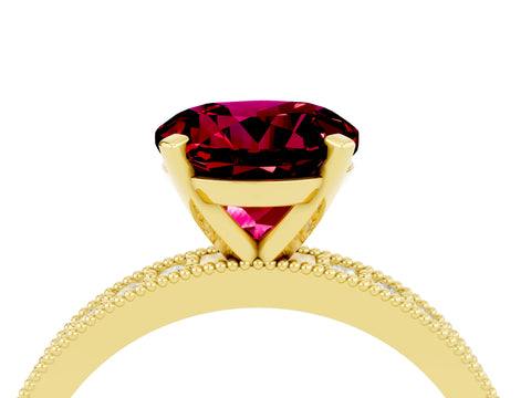 Yellow gold Round Cut Garnet Milgrain Pavé Engagement Ring with Four-Prong Setting_4