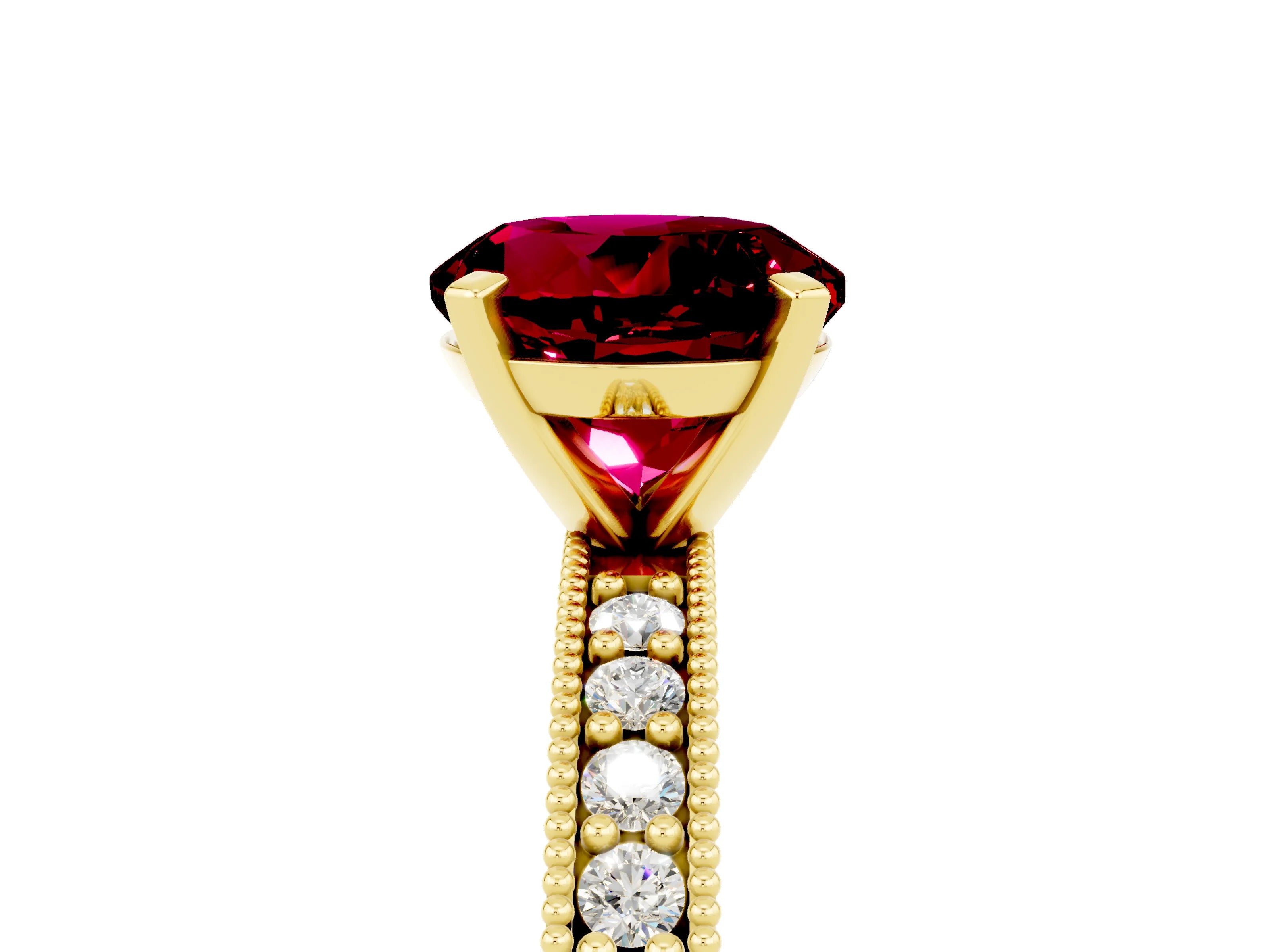 Yellow gold Round Cut Garnet Milgrain Pavé Engagement Ring with Four-Prong Setting_5