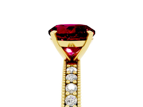 Yellow gold Round Cut Garnet Milgrain Pavé Engagement Ring with Four-Prong Setting_5
