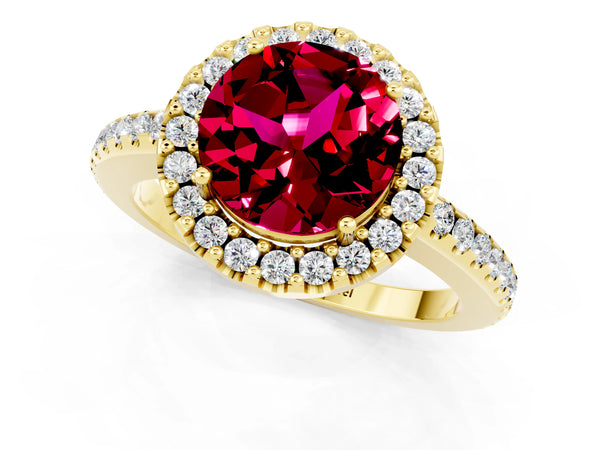 Yellow gold Round Cut Garnet Pavé Halo Ring with Four-Prong Setting