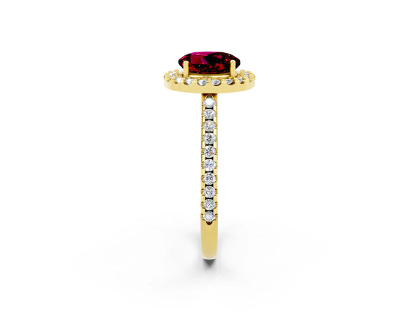 Yellow gold Round Cut Garnet Pavé Halo Ring with Four-Prong Setting