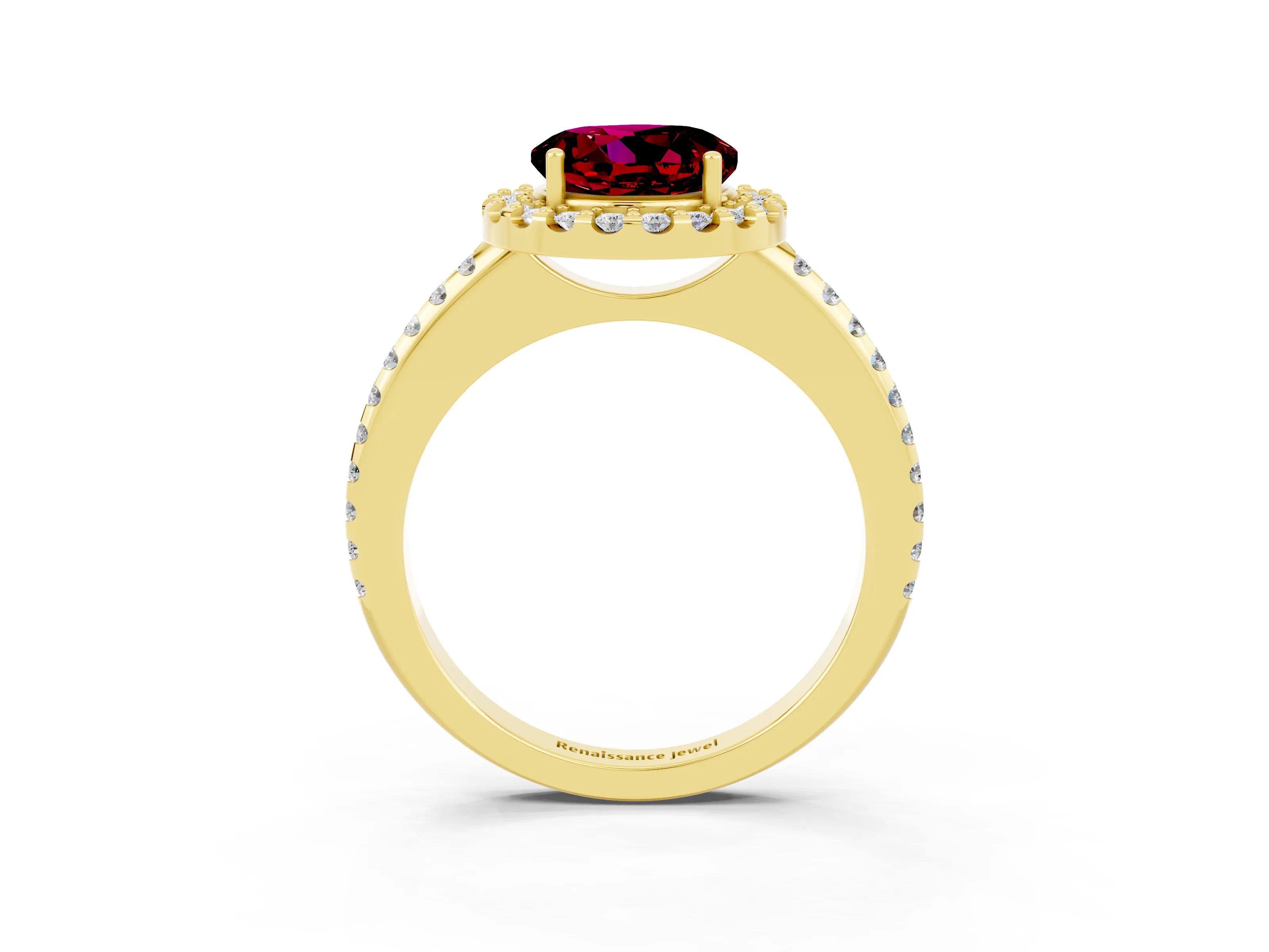 Yellow gold Round Cut Garnet Pavé Halo Ring with Four-Prong Setting_15