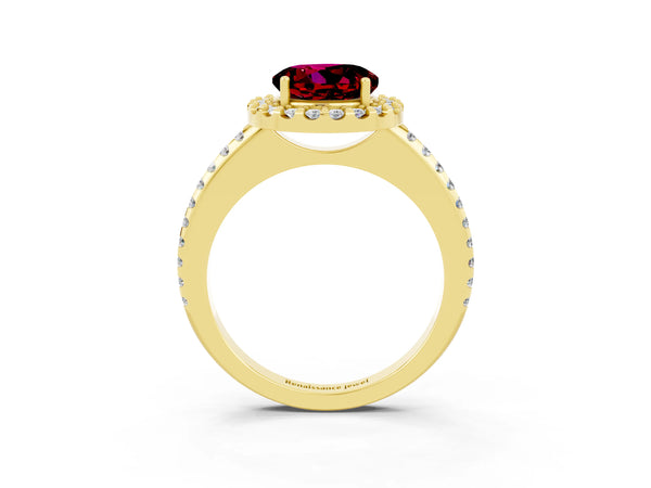 Yellow gold Round Cut Garnet Pavé Halo Ring with Four-Prong Setting
