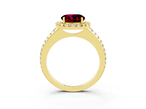 Yellow gold Round Cut Garnet Pavé Halo Ring with Four-Prong Setting_15
