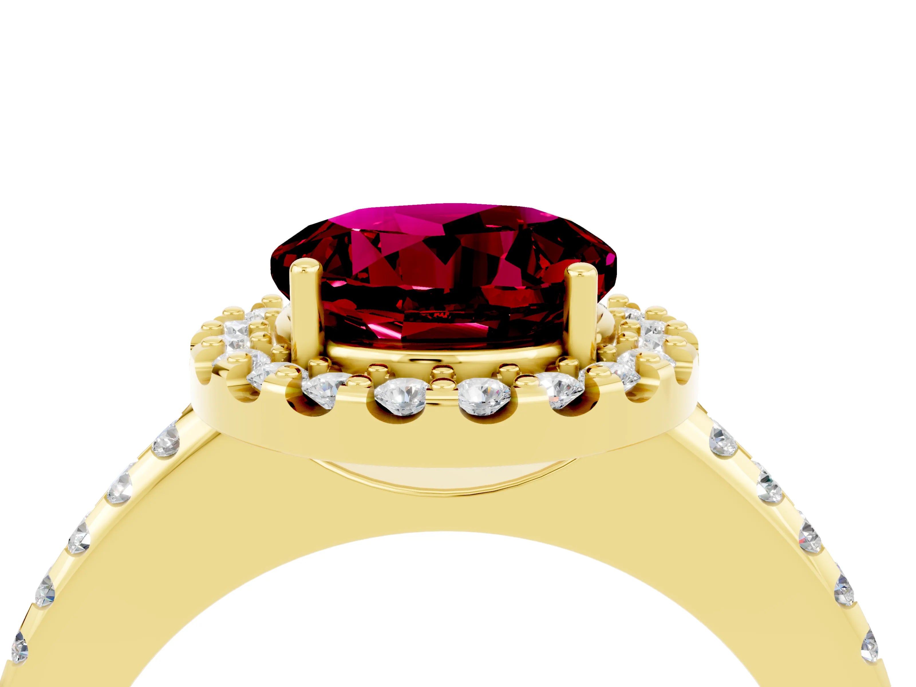Yellow gold Round Cut Garnet Pavé Halo Ring with Four-Prong Setting_16