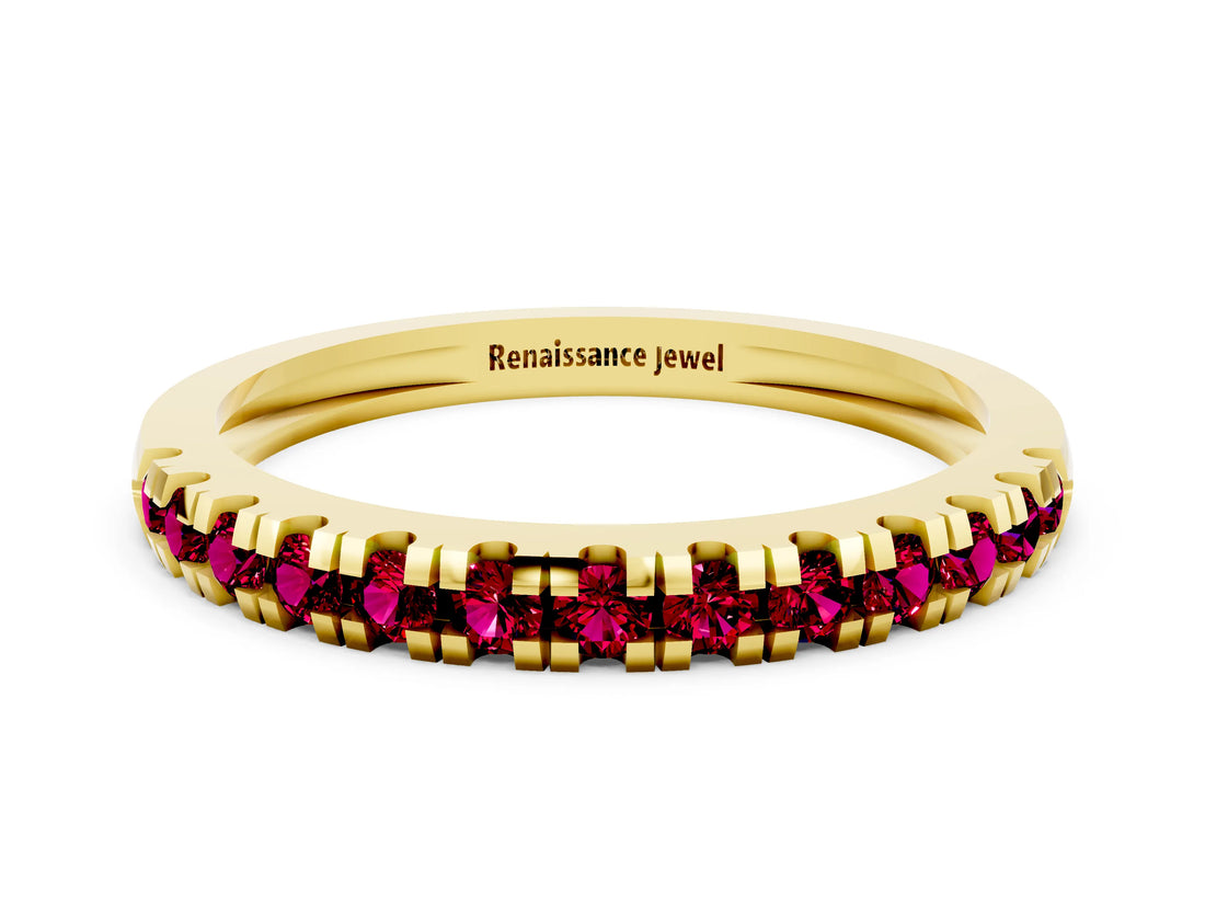 Yellow gold Round Cut Garnet Pavé Set Thin Band