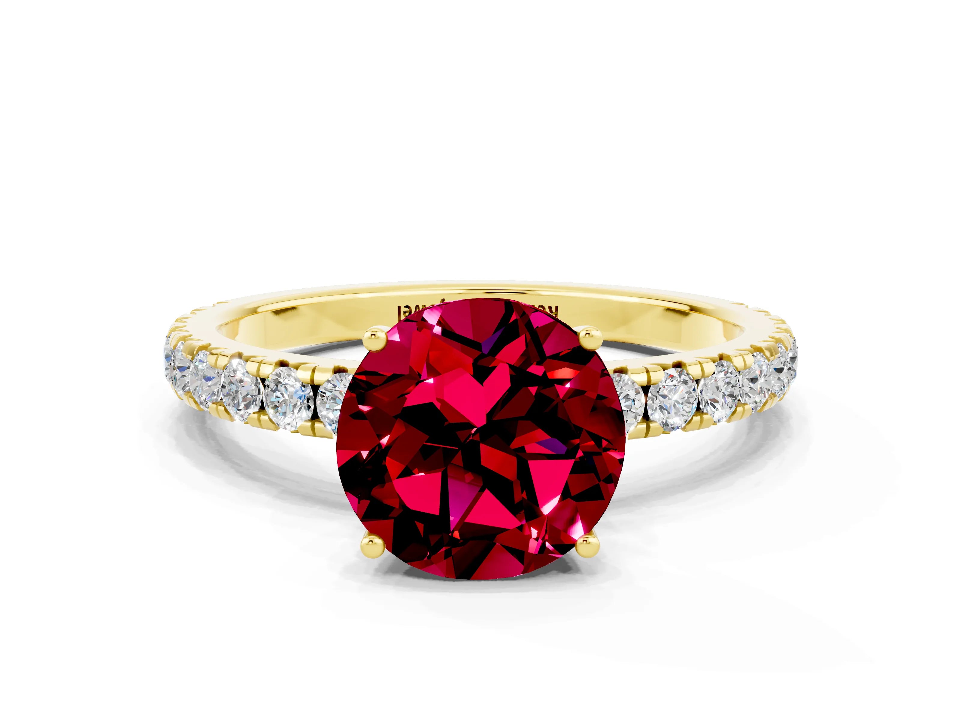 Yellow gold Round Cut Garnet Pavé Solitaire Engagement Ring with Four-Prong Setting_12