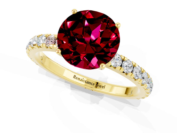 Yellow gold Round Cut Garnet Pavé Solitaire Engagement Ring with Four-Prong Setting