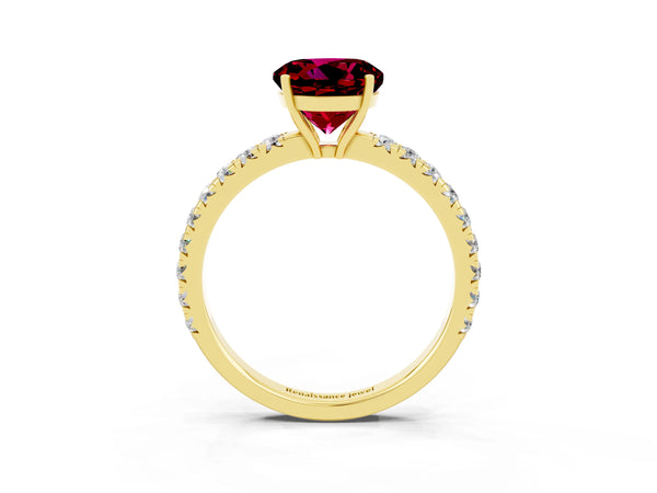 Yellow gold Round Cut Garnet Pavé Solitaire Engagement Ring with Four-Prong Setting