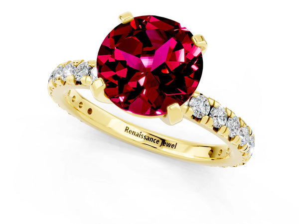 Yellow gold Round Cut Garnet Pavé Solitaire Ring with Round Band and Prong Setting