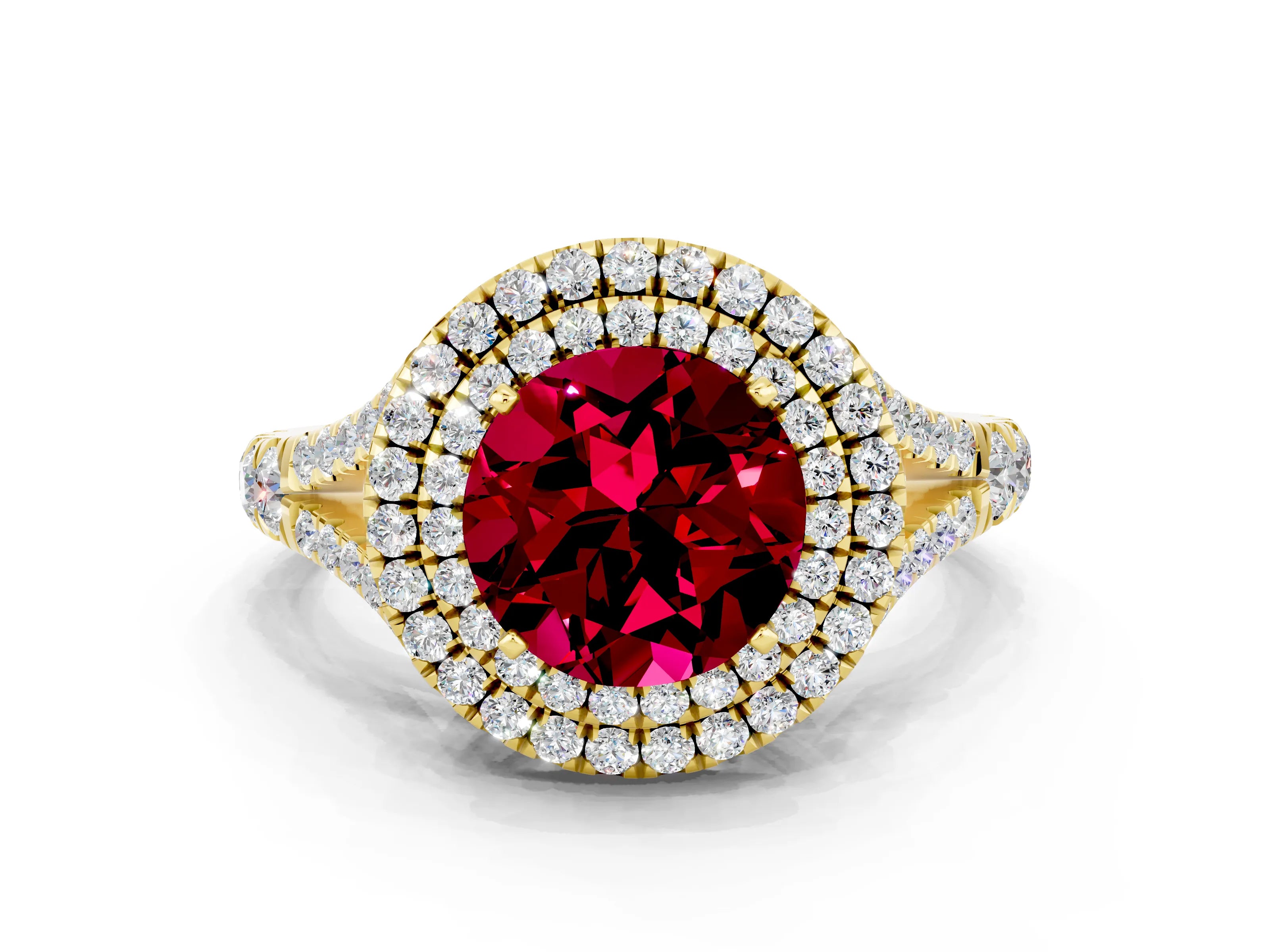 Yellow gold Round Cut Garnet Pavé Split Shank Double Halo Engagement Ring