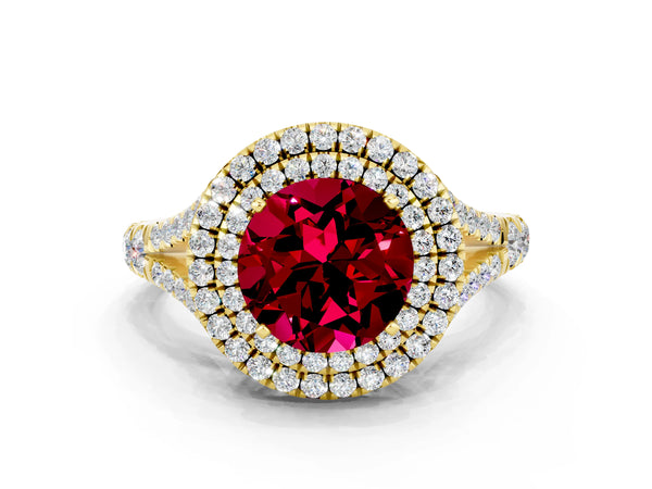 Yellow gold Round Cut Garnet Pavé Split Shank Double Halo Engagement Ring