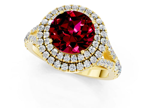 Yellow gold Round Cut Garnet Pavé Split Shank Double Halo Engagement Ring_1