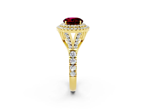 Yellow gold Round Cut Garnet Pavé Split Shank Double Halo Engagement Ring