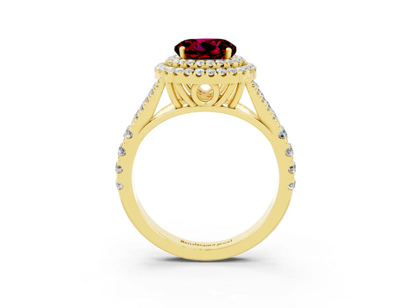 Yellow gold Round Cut Garnet Pavé Split Shank Double Halo Engagement Ring