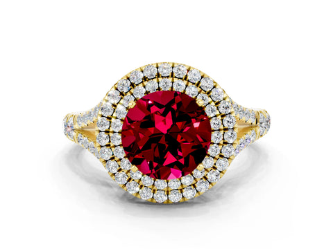 Yellow gold Round Cut Garnet Pavé Split Shank Double Halo Engagement Ring