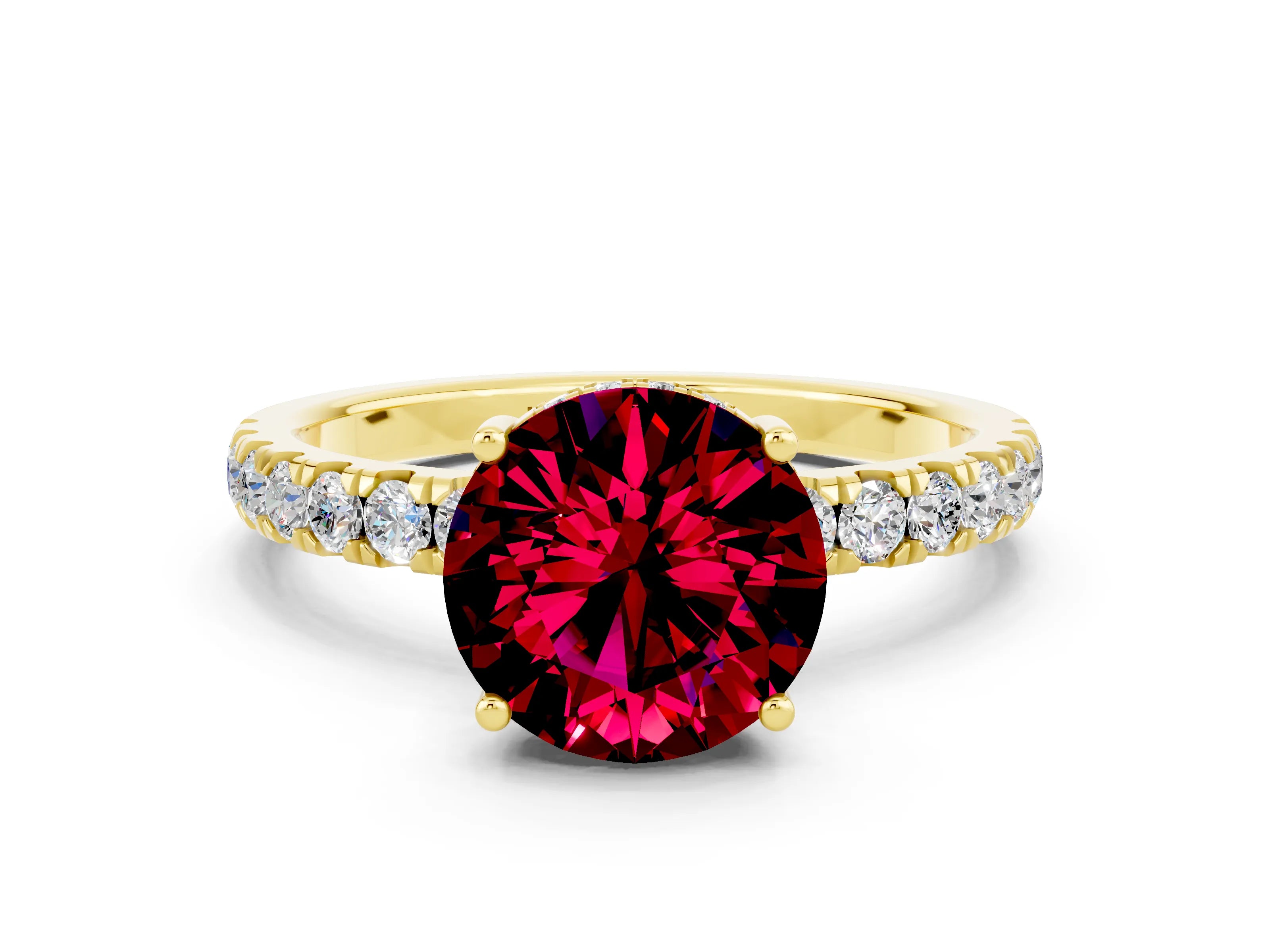 Yellow gold Round Cut Garnet Pave Band Solitaire Ring with Four-Prong Setting_24