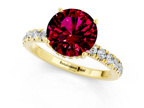 Yellow gold Round Cut Garnet Pave Band Solitaire Ring with Four-Prong Setting_25