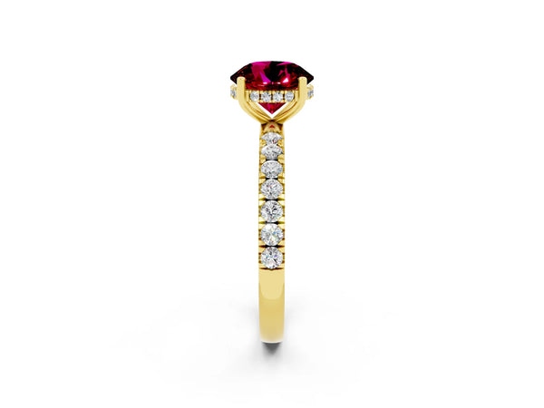 Yellow gold Round Cut Garnet Pave Band Solitaire Ring with Round  and Prong Setting