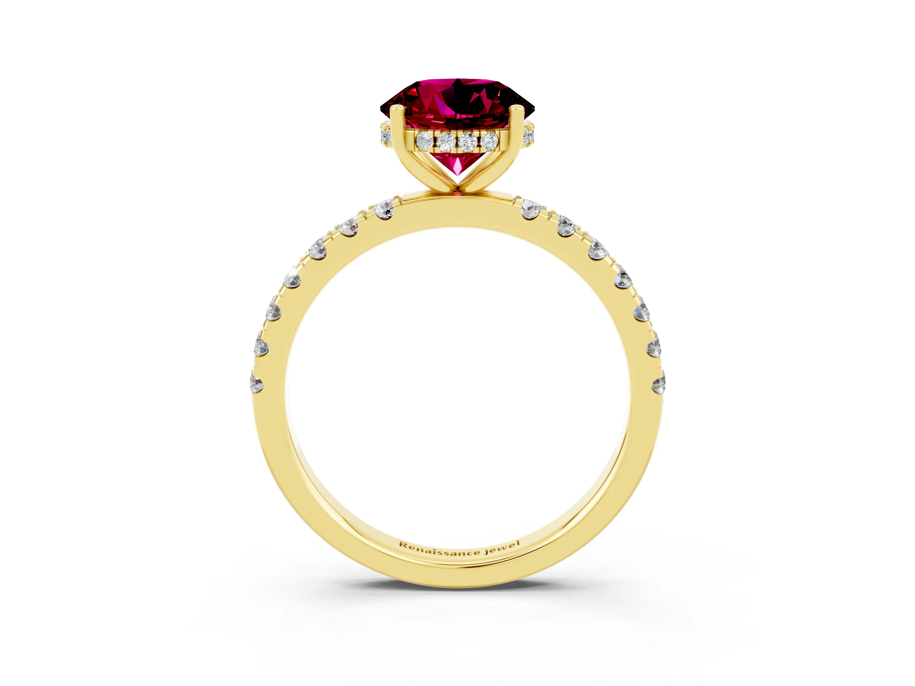 Yellow gold Round Cut Garnet Pave Band Solitaire Ring with Four-Prong Setting_27