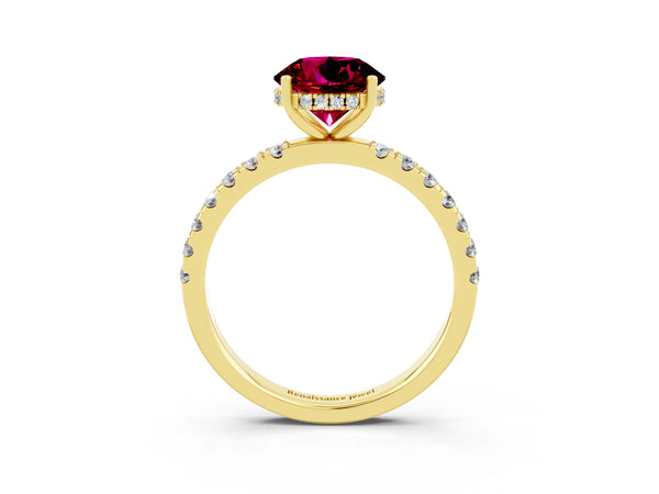 Yellow gold Round Cut Garnet Pave Band Solitaire Ring with Round  and Prong Setting