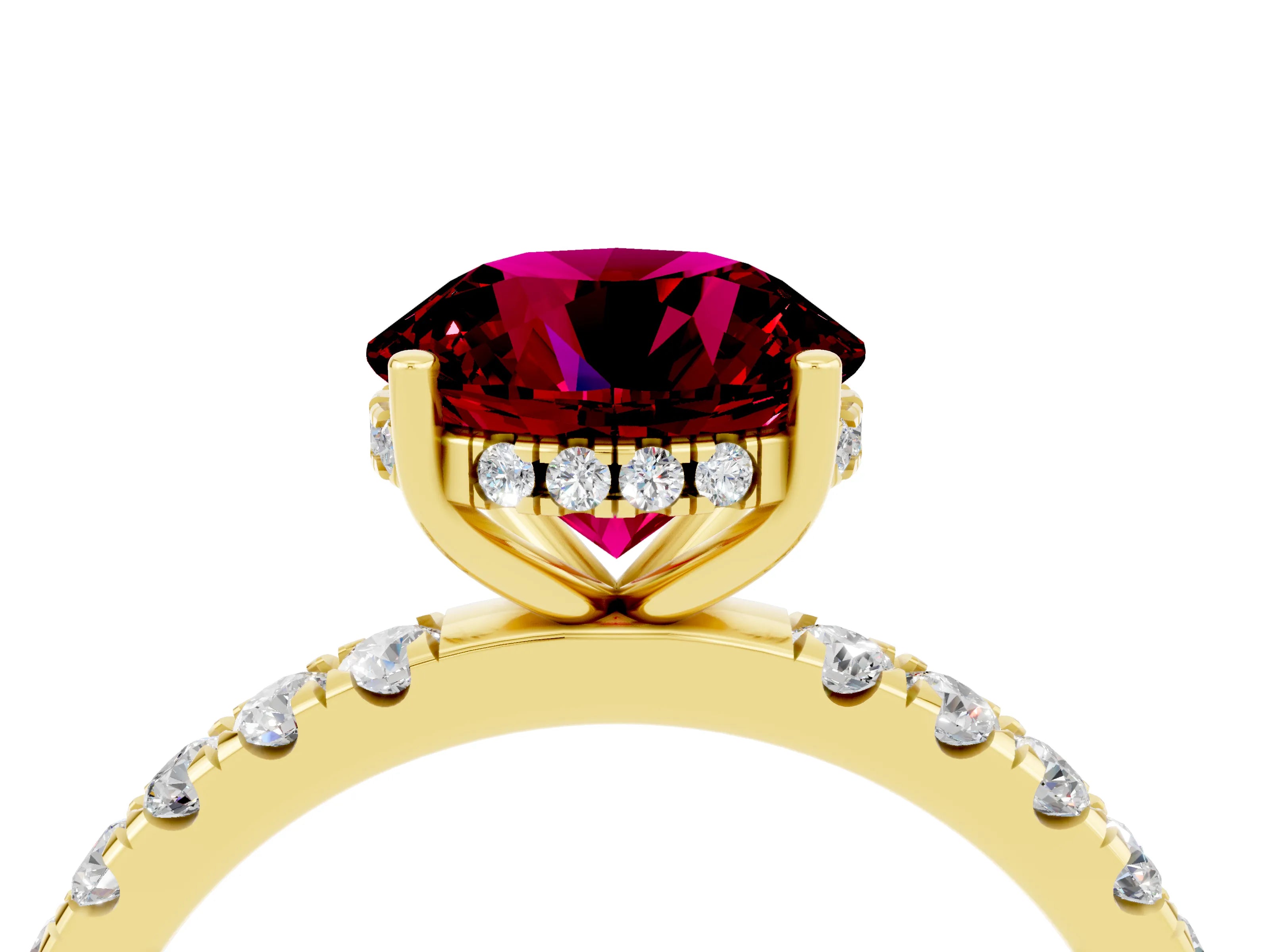 Yellow gold Round Cut Garnet Pave Band Solitaire Ring with Four-Prong Setting_28
